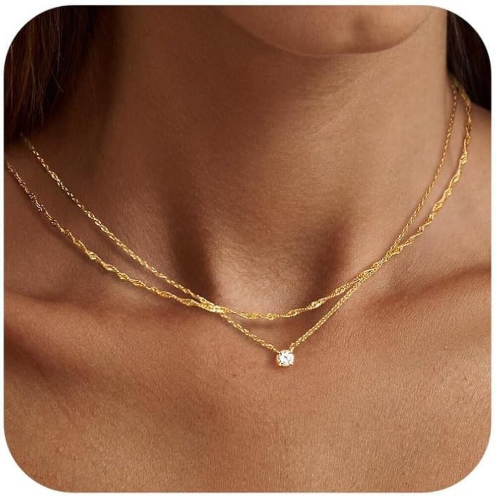 Dainty 14k Gold Plated/Silver Cubic Zirconia Necklaces for Women, Simple CZ Jewe